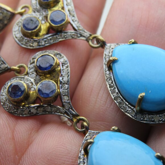 $2600 Turquoise Diamond Sapphire 14k oner Silver Earring - Picture 7 of 7